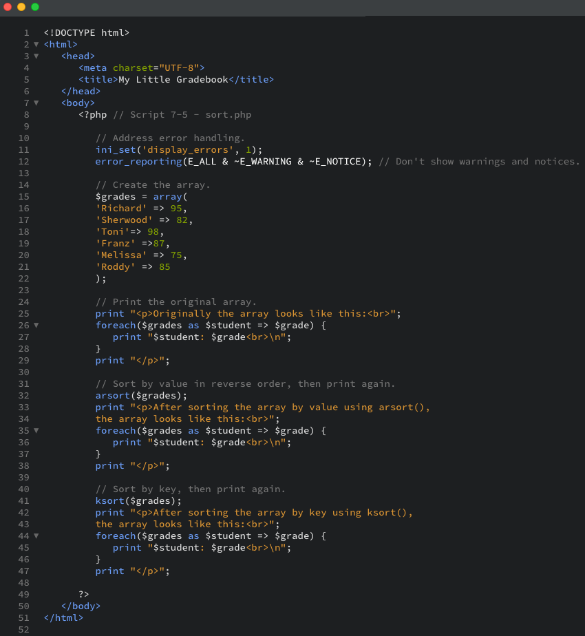 The PHP script that includes arsort() and ksort() as displayed in the editor view.