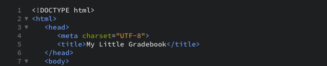 A new HTML document with the title My Little Gradebook as displayed in the editor view.