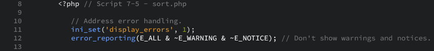The PHP code snippet that begins the PHP section, and addresses error handling as displayed in the editor view.