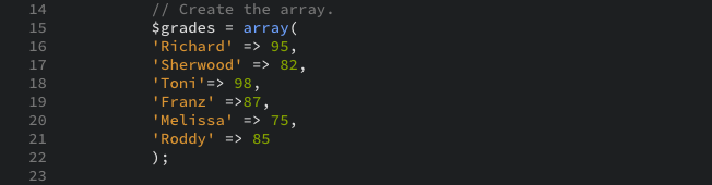 The PHP $grades array as displayed in the editor view.