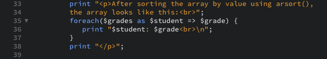 The PHP code snippet that prints the array again(with a caption), using another loop as displayed in the editor view.