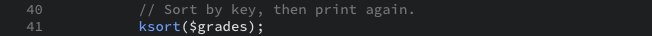 The PHP ksort() function example that sorts the array by key to put the array in alphabetical order by student name as displayed in the editor view.