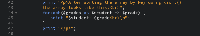 The PHP code snippet that prints a caption and the array one last time as displayed in the editor view.