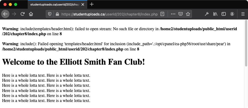 The result that shows the error when a PHP include function fails as displayed in the browser view.