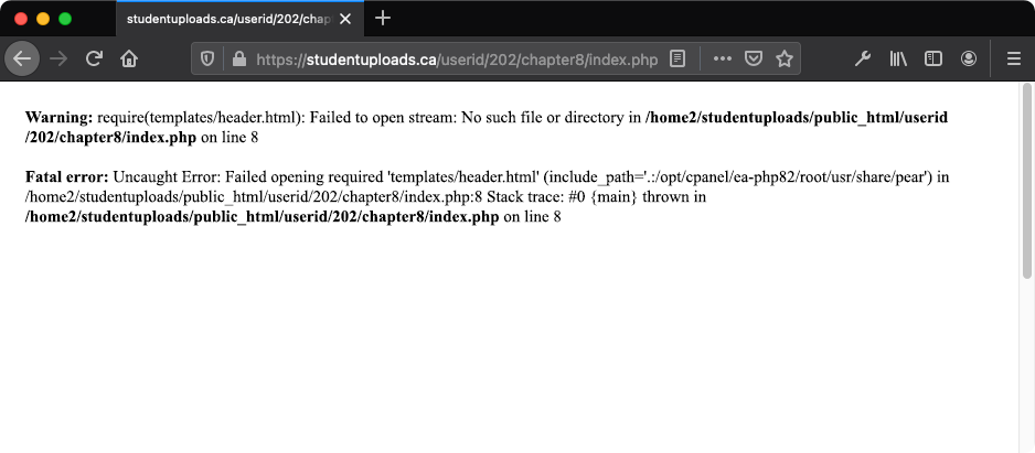 The result after failing of a PHP require function as displayed in the browser view.