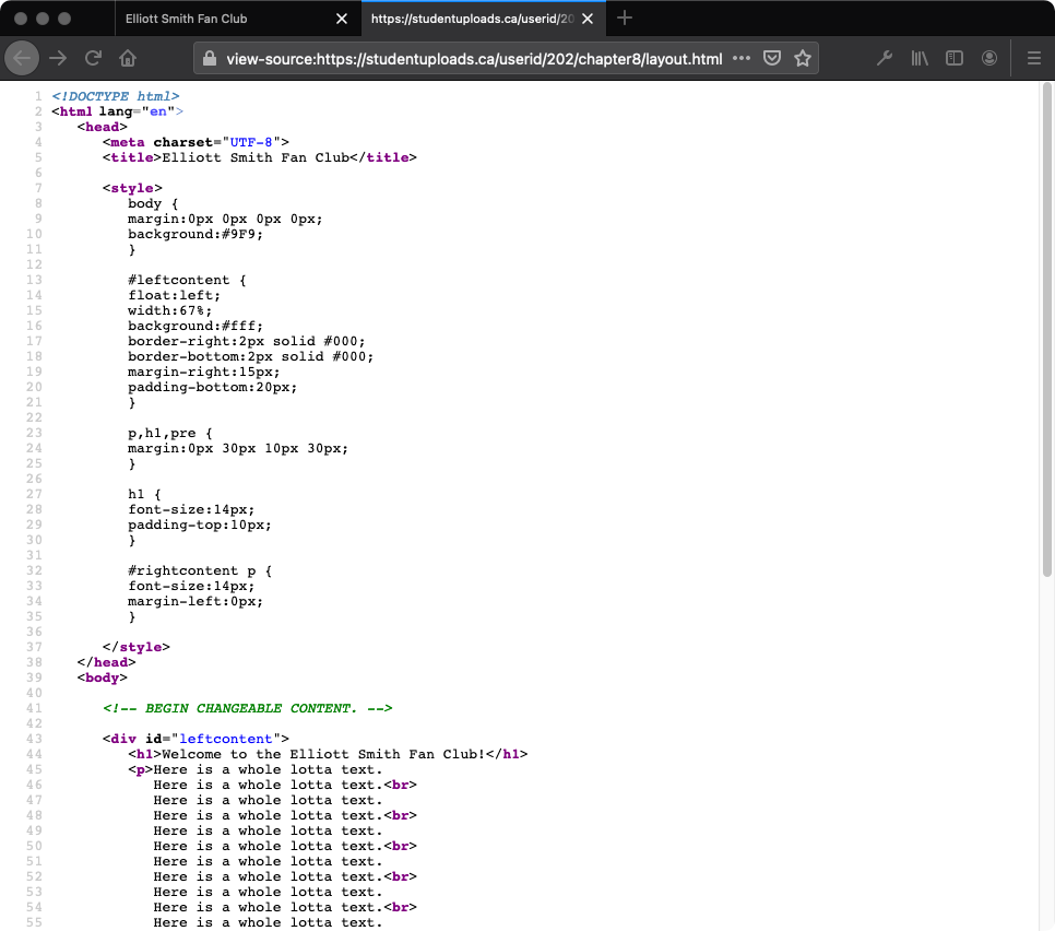 The result page source code as displayed in the browser view.