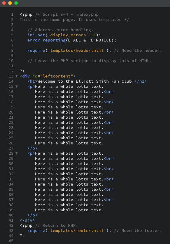A new PHP document with some HTML code as displayed in the editor view.