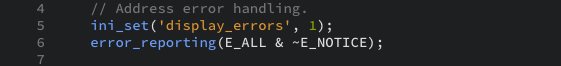 The PHP code to set error handling as displayed in the editor view.