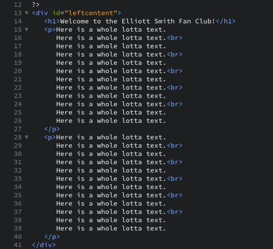 The code snippet that closes the PHP section and creates the page-specific content as displayed in the editor view.