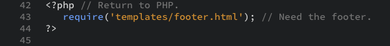 The PHP code that requires the footer file as displayed in the editor view.
