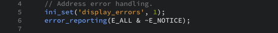 The PHP code snippets for error handling as displayed in the editor view.