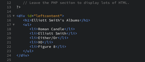 The code snippet that closes the PHP section and creates the HTML as displayed in the editor view.