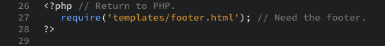 A new PHP section that includes the footer file as displayed in the editor view.