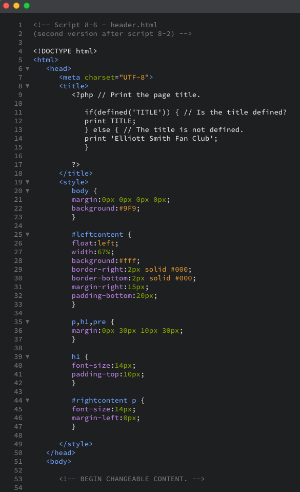 The PHP code that automatically adds the title to the HTML page as displayed in the editor view.