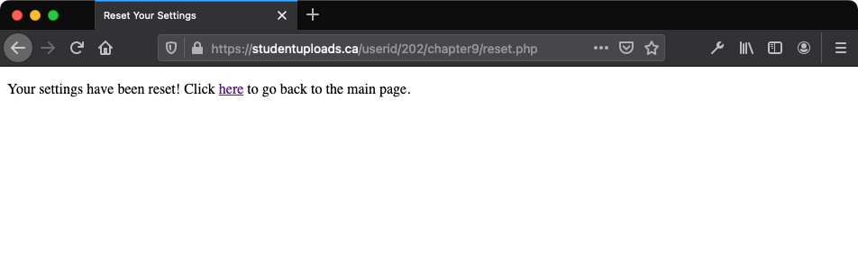 The reset page that sends two blank cookies and then displays this message as displayed in the browser view.