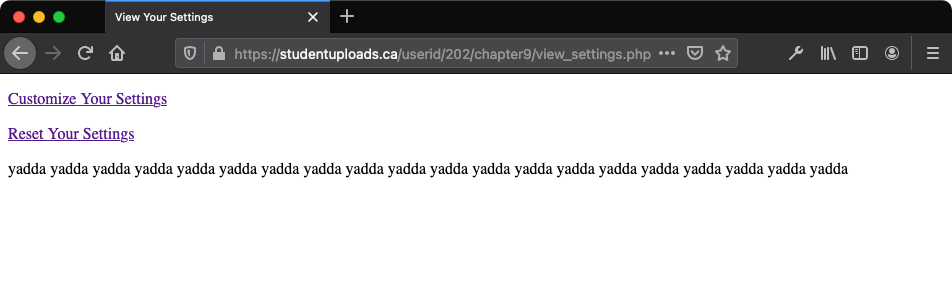 The page that can reset or customize the cookie and set as displayed in the browser view.