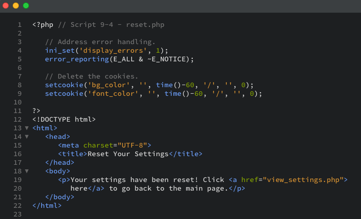 The PHP script that selects the background and font colors for another PHP page as displayed in the editor view.