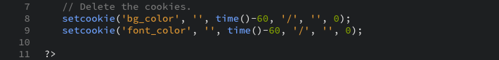 The PHP code snippet that deletes the existing cookies by sending blank cookies as displayed in the editor view.