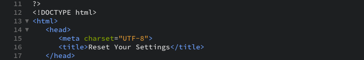 The code snippet that completes the PHP code and creates the HTML head with the title Reset Your settings as displayed in the editor view.