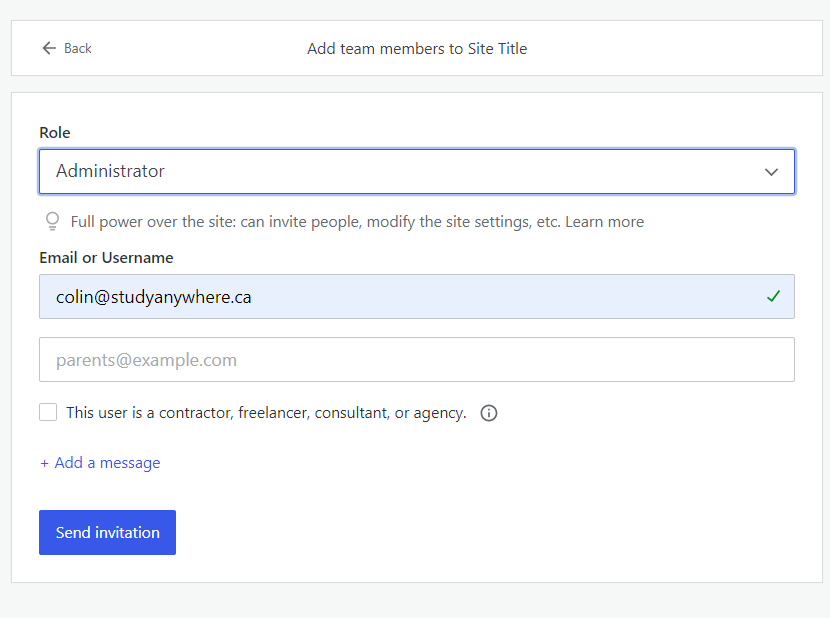 WordPress hosted account - send invitation to team member.