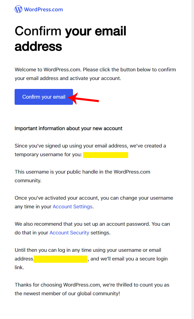 WordPress hosted account - confirm email address.