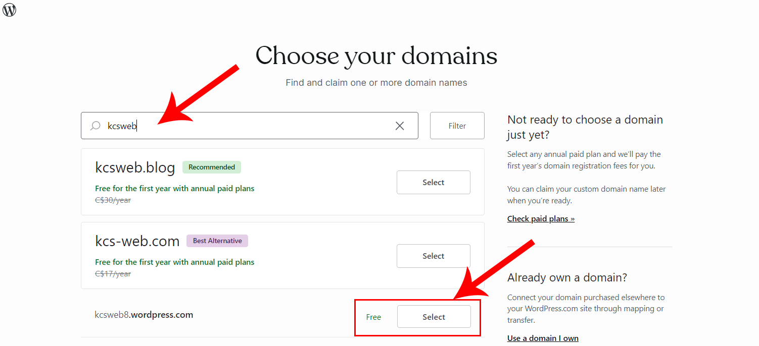 WordPress hosted account free domain selected.