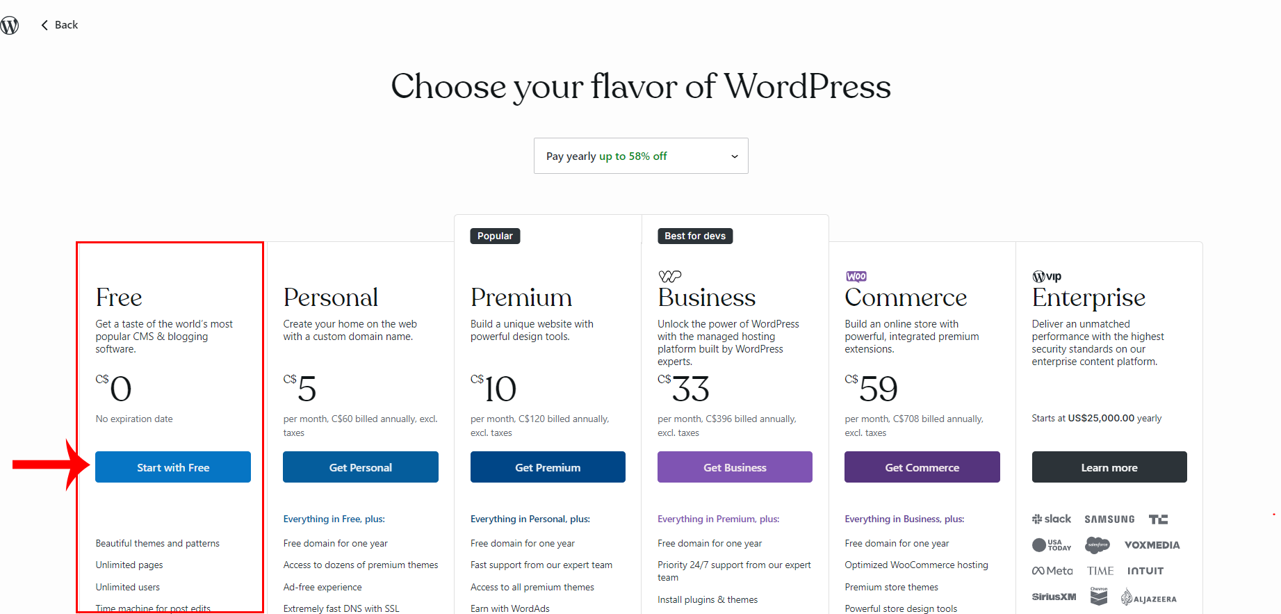 WordPress hosted free plan selected.